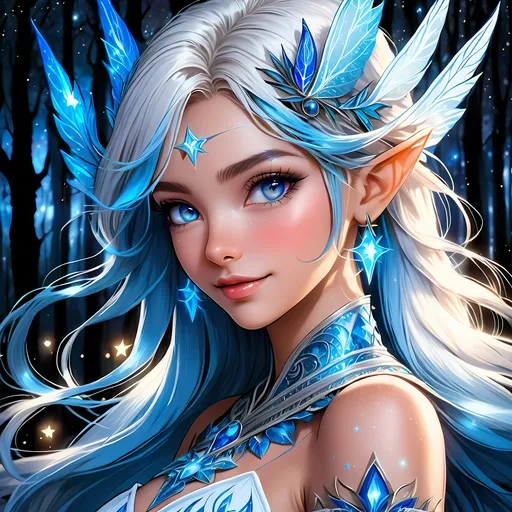 Prompt: Side Profile, fantasy, Pixie girl, tanned-skinned-Pixie, ((beautiful detailed face and glowing blue anime eyes)), Sorceress, Long bright Blue straight hair and with vibrant Blue eyes smiling, looking at the viewer, wearing intricate detailed Bright White and Blue Sorceress's clothes, standing in forest background at night with stars,, intricate hyper detailed hair, intricate hyper detailed eyelashes, intricate hyper detailed shining pupils #3238, UHD, hd , 8k eyes, detailed face, big anime dreamy eyes, 8k eyes, intricate details, insanely detailed, masterpiece, cinematic lighting, 8k, complementary colours, golden ratio, octane render, volumetric lighting, unreal 5, artwork, concept art, cover, top model, light on hair colourful glamorous hyper detailed forest background at night with stars, intricate hyper detailed breathtaking colourful glamorous forest background at night with stars,, ultra-fine details, hyper-focused, deep colours, dramatic lighting, ambient lighting god rays