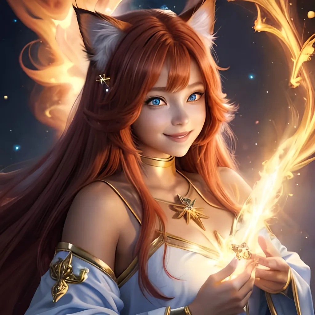 Prompt: oil painting, fantasy, Human girl, tanned-skinned-female, beautiful, red hair, straight hair, cat ears, rosy cheeks, smiling, looking at the viewer| Elemental star cleric wearing intricate glowing blue and white holy robes casting a healing spell, #3238, UHD, hd , 8k eyes, detailed face, big anime dreamy eyes, 8k eyes, intricate details, insanely detailed, masterpiece, cinematic lighting, 8k, complementary colors, golden ratio, octane render, volumetric lighting, unreal 5, artwork, concept art, cover, top model, light on hair colorful glamourous hyperdetailed medieval city background, intricate hyperdetailed breathtaking colorful glamorous scenic view landscape, ultra-fine details, hyper-focused, deep colors, dramatic lighting, ambient lighting god rays, flowers, garden | by sakimi chan, artgerm, wlop, pixiv, tumblr, instagram, deviantart