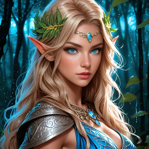 Prompt: Side Profile, fantasy, tanned-skinned-Elf ((Female)), tanned-skinned-female, ((beautiful detailed face and eyes)) Druid, perfect beautiful detailed face and eyes, long bright Hazel hair, and with vibrant Blue eyes with a very stern and serious face looking at the viewer, wearing skimpy dress standing in a Dark forest at night in the pouring rain, intricate hyper detailed hair, intricate hyper detailed eyelashes, intricate hyper detailed shining pupils #3238, UHD, hd , 8k eyes, detailed face, big anime dreamy eyes, 8k eyes, intricate details, insanely detailed, masterpiece, cinematic lighting, 8k, complementary colours, golden ratio, octane render, volumetric lighting, unreal 5, artwork, concept art, cover, top model, light on hair colourful glamorous hyper detailed, intricate hyper detailed breathtaking colourful glamorous scenic view landscape, ultra-fine details, hyper-focused, deep colours, dramatic lighting, ambient lighting god rays,