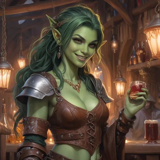 Prompt: Full Body, oil painting, D&D fantasy, very cute, 22 years old half orc female ((green-skinned-orc girl)) Bard, green-skinned-female, ((beautiful detailed face and large glowing red eyes)), Pious, rosy cheeks and nose,  long rich black hair, small short pointed ears, ((large tusks)), Happy laughing and singing in a medieval tavern, intricate detailed shapely ((leather bard clothes)), intricate hyper detailed hair, intricate hyper detailed eyelashes, intricate hyper detailed shining pupils #3238, UHD, hd , 8k eyes, detailed face, big anime dreamy eyes, 8k eyes, intricate details, insanely detailed, masterpiece, cinematic lighting, 8k, complementary colors, golden ratio, octane render, volumetric lighting, unreal 5, artwork, concept art, cover, top model, light on hair colorful glamourous hyperdetailed  inside of a Tavern background, intricate hyperdetailed inside of a Tavern background, ultra-fine details, hyper-focused, deep colors, dramatic lighting, ambient lighting god rays, | by sakimi chan, artgerm, wlop, pixiv, tumblr, instagram, deviantart