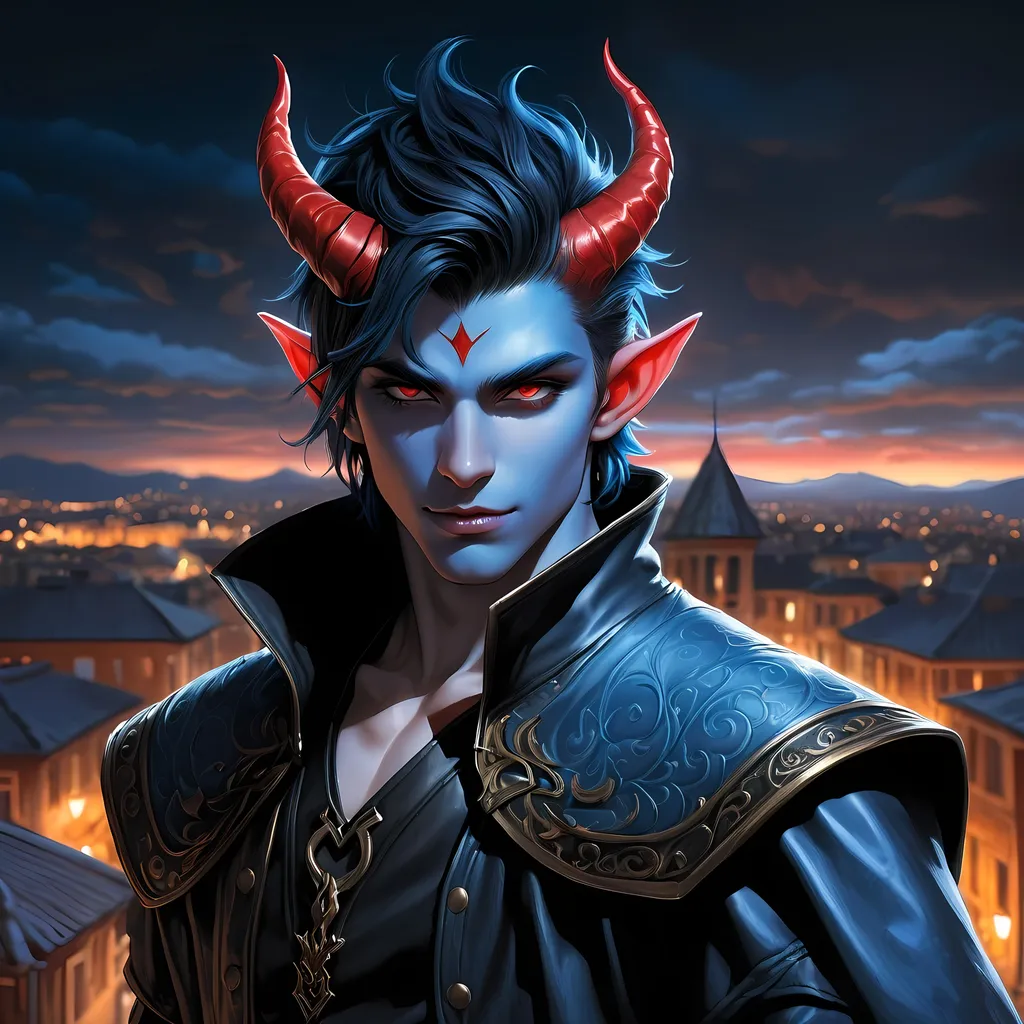 Prompt: Full body visible, oil painting, D&D Fantasy, young 20 years old Tiefling male, ((Fully blue-skinned-Male, blue-skinned-Male)), Thief, ((handsome and boyish detailed face and red eyes, Tiefling horns)), short tousled black hair, Boyish Rogueish grin, looking at the viewer, Black sleek leather clothing wielding an intricate dagger on a rooftop at night, intricate hyper detailed hair, intricate hyper detailed eyelashes, intricate hyper detailed shining pupils, #3238, UHD, hd , 8k eyes, detailed face, big anime dreamy eyes, 8k eyes, intricate details, insanely detailed, masterpiece, cinematic lighting, 8k, complementary colors, golden ratio, octane render, volumetric lighting, unreal 5, artwork, concept art, cover, top model, light on hair colorful glamourous hyperdetailed rooftop at night background, intricate hyperdetailed rooftop at night background, ultra-fine details, hyper-focused, deep colors, dramatic lighting, ambient lighting | by sakimi chan, artgerm, wlop, pixiv, tumblr, instagram, deviantart