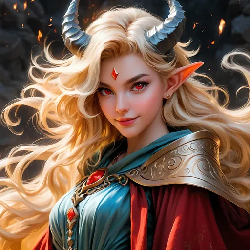 Prompt: Full body visible, oil painting, D&D Fantasy, young 20 years old Tiefling Female, ((Fair-skinned-female, Fair-skinned-female)), Wizard, ((Beautiful detailed face and Red anime eyes)), Tiefling horns)), Long feathered Blonde hair, Rogueish grin, looking at the viewer, Sultry Wizard robes casting an elemental earth spell, intricate hyper detailed hair, intricate hyper detailed eyelashes, intricate hyper detailed shining pupils, #3238, UHD, hd , 8k eyes, detailed face, big anime dreamy eyes, 8k eyes, intricate details, insanely detailed, masterpiece, cinematic lighting, 8k, complementary colors, golden ratio, octane render, volumetric lighting, unreal 5, artwork, concept art, cover, top model, light on hair colorful glamourous hyperdetailed Wizard tower background, intricate hyperdetailed Wizard tower background, ultra-fine details, hyper-focused, deep colors, dramatic lighting, ambient lighting | by sakimi chan, artgerm, wlop, pixiv, tumblr, instagram, deviantart