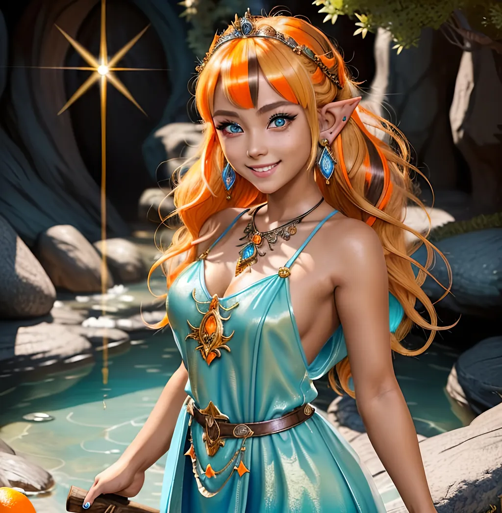 Prompt: masterpiece, splash art, ink painting, beautiful cute pop idol, D&D fantasy, (23 years old) lightly tanned-skinned hobbit girl, ((beautiful detailed face and large eyes)), mischievous grin, blonde with bright orange highlights hair, short small pointed ears, smiling looking at the viewer, wearing intricate detailed light blue princess dress and casting a light spell, intricate hyper detailed hair, intricate hyper detailed eyelashes, intricate hyper detailed shining pupils #3238, UHD, hd , 8k eyes, detailed face, big anime dreamy eyes, 8k eyes, intricate details, insanely detailed, masterpiece, cinematic lighting, 8k, complementary colors, golden ratio, octane render, volumetric lighting, unreal 5, artwork, concept art, cover, top model, light on hair colorful glamourous hyperdetailed, intricate hyperdetailed breathtaking colorful glamorous scenic view landscape, ultra-fine details, hyper-focused, deep colors, dramatic lighting, ambient lighting god rays | by sakimi chan, artgerm, wlop, pixiv, tumblr, instagram, deviantart