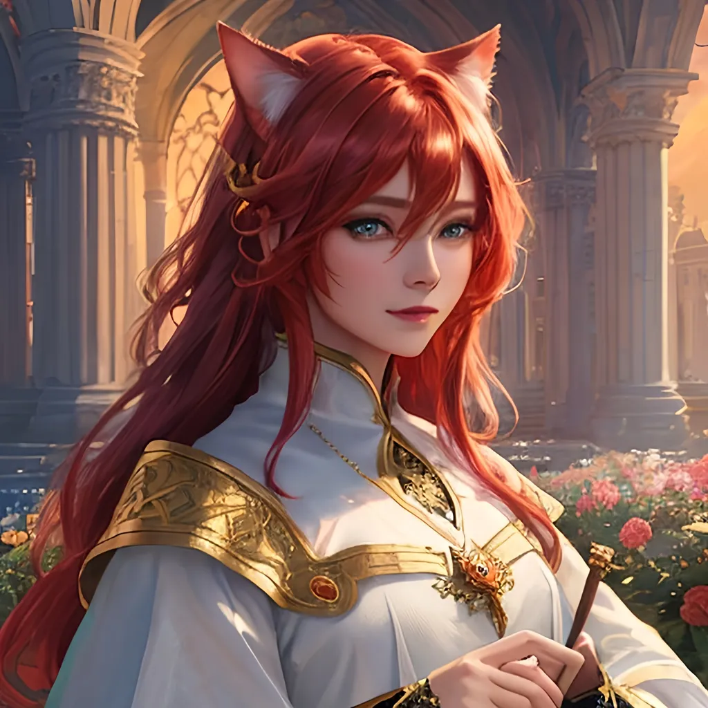 Prompt: oil painting, fantasy, Human girl, tanned-skinned-female, beautiful, red hair, straight hair, cat ears, rosy cheeks, smiling, looking at the viewer| Elemental star cleric wearing intricate glowing blue and white holy robes casting a healing spell, #3238, UHD, hd , 8k eyes, detailed face, big anime dreamy eyes, 8k eyes, intricate details, insanely detailed, masterpiece, cinematic lighting, 8k, complementary colors, golden ratio, octane render, volumetric lighting, unreal 5, artwork, concept art, cover, top model, light on hair colorful glamourous hyperdetailed medieval city background, intricate hyperdetailed breathtaking colorful glamorous scenic view landscape, ultra-fine details, hyper-focused, deep colors, dramatic lighting, ambient lighting god rays, flowers, garden | by sakimi chan, artgerm, wlop, pixiv, tumblr, instagram, deviantart