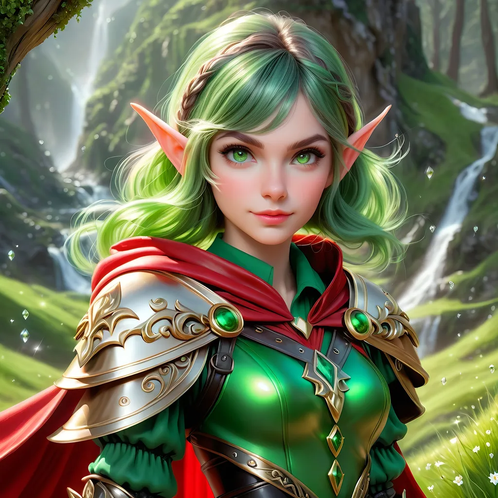 Prompt: Full Body, oil painting, D&D fantasy, very cute, 28 years old gnome female ((fair-skinned-elf girl)) Thief, fair-skinned-female, slender, ((beautiful detailed face and large glowing green eyes)), rosy cheeks, deep Emerald green hair in a pixie cut, determined look, small pointed ears, looking at the viewer, intricate detailed shapely black leather armor and long red cape, intricate hyper detailed hair, intricate hyper detailed eyelashes, intricate hyper detailed shining pupils #3238, UHD, hd , 8k eyes, detailed face, big anime dreamy eyes, 8k eyes, intricate details, insanely detailed, masterpiece, cinematic lighting, 8k, complementary colors, golden ratio, octane render, volumetric lighting, unreal 5, artwork, concept art, cover, top model, light on hair colorful glamourous hyperdetailed tavern, intricate hyperdetailed tavern background, ultra-fine details, hyper-focused, deep colors, dramatic lighting, ambient lighting god rays, | by sakimi chan, artgerm, wlop, pixiv, tumblr, instagram, deviantart