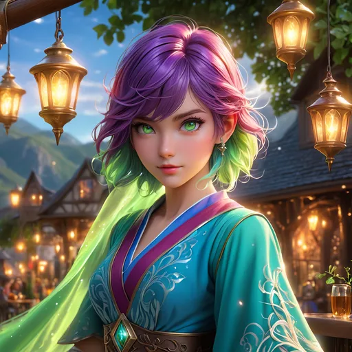 Prompt: Full body, oil painting, D&D fantasy, tanned-skinned-gnome girl, tanned-skinned-female, ((tiny short petite body)), ((beautiful detailed face and glowing anime green eyes)), very cute, determined look, short bright purple hair, long pixie cut, pointed ears, looking at the viewer, Wizard wearing intricate red and blue long tailed wizard dress casting a water spell, intricate hyper detailed hair, intricate hyper detailed eyelashes, intricate hyper detailed shining pupils #3238, UHD, hd , 8k eyes, detailed face, big anime dreamy eyes, 8k eyes, intricate details, insanely detailed, masterpiece, cinematic lighting, 8k, complementary colors, golden ratio, octane render, volumetric lighting, unreal 5, artwork, concept art, cover, top model, light on hair colorful glamourous hyperdetailed medieval tavern background, intricate hyperdetailed breathtaking colorful glamorous scenic view landscape, ultra-fine details, hyper-focused, deep colors, dramatic lighting, ambient lighting god rays | by sakimi chan, artgerm, wlop, pixiv, tumblr, instagram, deviantart