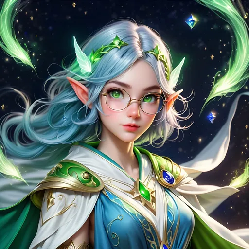 Prompt: Full Body, oil painting, D&D fantasy, very cute, young 28 years old elf female ((fair-skinned-elf girl)) wizard, fair-skinned-female, slender, ((beautiful detailed face and large glowing green eyes)), rosy cheeks, spectacles, deep royal blue hair in a pixie cut, determined look, pointed ears, looking at the viewer, intricate detailed shapely light blue and white flowing wizard robes, intricate hyper detailed hair, intricate hyper detailed eyelashes, intricate hyper detailed shining pupils #3238, UHD, hd , 8k eyes, detailed face, big anime dreamy eyes, 8k eyes, intricate details, insanely detailed, masterpiece, cinematic lighting, 8k, complementary colors, golden ratio, octane render, volumetric lighting, unreal 5, artwork, concept art, cover, top model, light on hair colorful glamourous hyperdetailed wizard's study background, intricate hyperdetailed breathtaking wizard's study background, ultra-fine details, hyper-focused, deep colors, dramatic lighting, ambient lighting god rays, | by sakimi chan, artgerm, wlop, pixiv, tumblr, instagram, deviantart