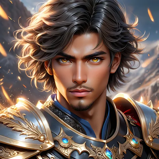 Prompt: Full Body, oil painting, fantasy, a black man with very short black hair with vibrant light hazel eyes, ((handsome detailed face and eyes)), very calm expression with a hint of a smile,  large muscles warrior wearing armor ((wielding a large Glaive with both hands)), intricate hyper detailed hair, intricate hyper detailed eyelashes, intricate hyper detailed shining pupils #3238, UHD, hd , 8k eyes, detailed face, big anime dreamy eyes, 8k eyes, intricate details, insanely detailed, masterpiece, cinematic lighting, 8k, complementary colors, golden ratio, octane render, volumetric lighting, unreal 5, artwork, concept art, cover, top model, light on hair colorful glamourous hyperdetailed, ultra-fine details, intricate detailed battlefield background, hyper-focused, deep colors, dramatic lighting, ambient lighting god rays | by sakimi chan, artgerm, wlop, pixiv, tumblr, instagram, deviantart