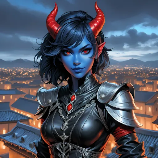 Prompt: Full body visible, oil painting, D&D Fantasy, young 20 years old Tiefling Female, ((Fully blue-skinned-female, blue-skinned-female)), Thief, ((Beautiful detailed face and Red anime eyes)), Tiefling horns)), short tousled black hair, Rogueish grin, looking at the viewer, Black sleek leather clothing wielding an intricate dagger on a rooftop at night, intricate hyper detailed hair, intricate hyper detailed eyelashes, intricate hyper detailed shining pupils, #3238, UHD, hd , 8k eyes, detailed face, big anime dreamy eyes, 8k eyes, intricate details, insanely detailed, masterpiece, cinematic lighting, 8k, complementary colors, golden ratio, octane render, volumetric lighting, unreal 5, artwork, concept art, cover, top model, light on hair colorful glamourous hyperdetailed rooftop at night background, intricate hyperdetailed rooftop at night background, ultra-fine details, hyper-focused, deep colors, dramatic lighting, ambient lighting | by sakimi chan, artgerm, wlop, pixiv, tumblr, instagram, deviantart