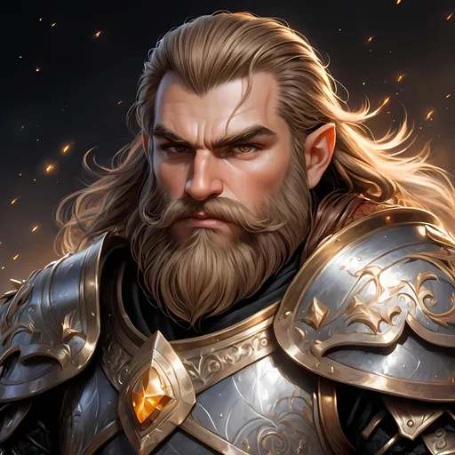 Prompt: Full body visible, oil painting, D&D fantasy, older years old ((Male)) Gold Dwarf, ((dwarf build, rugged older detailed face and hazel eyes)), Warrior, ((Short, stocky, slightly chubby, broad shoulders)), long straight light brown hair, long brown Dwarven beard, short pointed ears, determined look, looking at the viewer, intricate detailed black magical armour, intricate hyper detailed hair, intricate hyper detailed eyelashes, intricate hyper detailed shining pupils, #3238, UHD, hd , 8k eyes, detailed face, big anime dreamy eyes, 8k eyes, intricate details, insanely detailed, masterpiece, cinematic lighting, 8k, complementary colors, golden ratio, octane render, volumetric lighting, unreal 5, artwork, concept art, cover, top model, light on hair colorful glamourous hyperdetailed plains battlefield background, intricate hyperdetailed plains battlefield background, ultra-fine details, hyper-focused, deep colors, dramatic lighting, ambient lighting | by sakimi chan, artgerm, wlop, pixiv, tumblr, instagram, deviantart