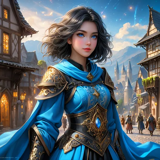 Prompt: Full body visible, oil painting, young 20 years old girl, blue-skinned-female, fair skinned beauty, ((beautiful detailed face and anime eyes)), short dark black hair, grinning and pondering the universe, looking into the distance, intricate detailed wizard outfit, intricate hyper detailed hair, intricate hyper detailed eyelashes, intricate hyper detailed shining pupils, #3238, UHD, hd , 8k eyes, detailed face, big anime dreamy eyes, 8k eyes, intricate details, insanely detailed, masterpiece, cinematic lighting, 8k, complementary colors, golden ratio, octane render, volumetric lighting, unreal 5, artwork, concept art, cover, top model, light on hair colorful glamourous hyperdetailed medieval town background, intricate hyperdetailed medieval town background, ultra-fine details, hyper-focused, deep colors, dramatic lighting, ambient lighting | by sakimi chan, artgerm, wlop, pixiv, tumblr, instagram, deviantart