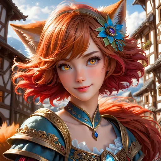 Prompt: Full body visible, oil painting, 26 years old ((furry, fox girl)), ((anthropomorphic)), detailed fuzzy red fur, ((beautiful detailed face with fox muzzle and anime eyes)), short fiery red pixie cut hair, grinning and pondering the universe, looking into the distance, intricate detailed wizard outfit, intricate hyper detailed hair, intricate hyper detailed eyelashes, intricate hyper detailed shining pupils, #3238, UHD, hd , 8k eyes, detailed face, big anime dreamy eyes, 8k eyes, intricate details, insanely detailed, masterpiece, cinematic lighting, 8k, complementary colors, golden ratio, octane render, volumetric lighting, unreal 5, artwork, concept art, cover, top model, light on hair colorful glamourous hyperdetailed medieval town background, intricate hyperdetailed medieval town background, ultra-fine details, hyper-focused, deep colors, dramatic lighting, ambient lighting | by sakimi chan, artgerm, wlop, pixiv, tumblr, instagram, deviantart
