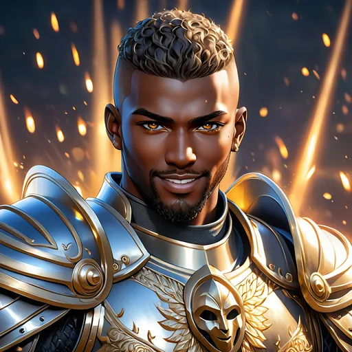 Prompt: Full Body, oil painting, fantasy, black man with dark skin, shaved head with vibrant light hazel eyes, ((handsome detailed face and eyes)), big smile, ((no beard)), large muscles warrior wearing armor ((wielding a large Glaive with both hands)), intricate hyper detailed hair, intricate hyper detailed eyelashes, intricate hyper detailed shining pupils #3238, UHD, hd , 8k eyes, detailed face, big anime dreamy eyes, 8k eyes, intricate details, insanely detailed, masterpiece, cinematic lighting, 8k, complementary colors, golden ratio, octane render, volumetric lighting, unreal 5, artwork, concept art, cover, top model, light on hair colorful glamourous hyperdetailed, ultra-fine details, intricate detailed battlefield background, hyper-focused, deep colors, dramatic lighting, ambient lighting god rays | by sakimi chan, artgerm, wlop, pixiv, tumblr, instagram, deviantart