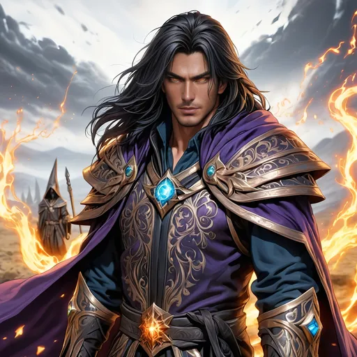 Prompt: Full Body visible, Side Profile, fantasy, tanned-skinned-human ((Male)), tanned-skinned-Undead male, ((handsome detailed face and Dead Black eyes)) Wizard, Young rugged face, long bright Black hair, and with vibrant Brown eyes with a very stern and serious face looking at the viewer, wearing adventurer's intricate Wizard Robes standing casting a powerful spell on a battlefield surrounded by the dead, intricate hyper detailed hair, intricate hyper detailed eyelashes, intricate hyper detailed shining pupils #3238, UHD, hd , 8k eyes, detailed face, big anime dreamy eyes, 8k eyes, intricate details, insanely detailed, masterpiece, cinematic lighting, 8k, complementary colours, golden ratio, octane render, volumetric lighting, unreal 5, artwork, concept art, cover, top model, light on hair colourful glamorous hyper detailed, intricate hyper detailed breathtaking colourful glamorous battlefield surrounded by the dead, ultra-fine details, hyper-focused, deep colours, dramatic lighting, ambient lighting god rays,