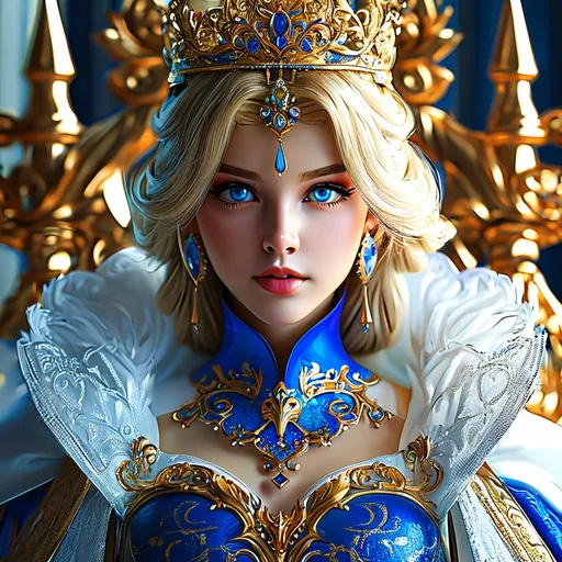 Prompt: Full body visible, D&D Fantasy, young 25 years old girl, ((beautiful detailed face and Blue anime eyes)), Warrior, straitened brilliant Bright Blonde hair, Regal Noble Determined grin, looking at the viewer, Regal intricate detailed Blue and White Queen's slinky dress with a small golden crown and a Royal white cape, intricate hyper detailed hair, intricate hyper detailed eyelashes, intricate hyper detailed shining pupils, #3238, UHD, hd , 8k eyes, detailed face, big anime dreamy eyes, 8k eyes, intricate details, insanely detailed, masterpiece, cinematic lighting, 8k, complementary colours, golden ratio, octane render, volumetric lighting, unreal 5, artwork, concept art, cover, top model, light on hair colourful glamorous hyper detailed ((Queen's Throne room background)), intricate hyper detailed ((Queens's Throne room background)), ultra-fine details, hyper-focused, deep colors, dramatic lighting, ambient lighting