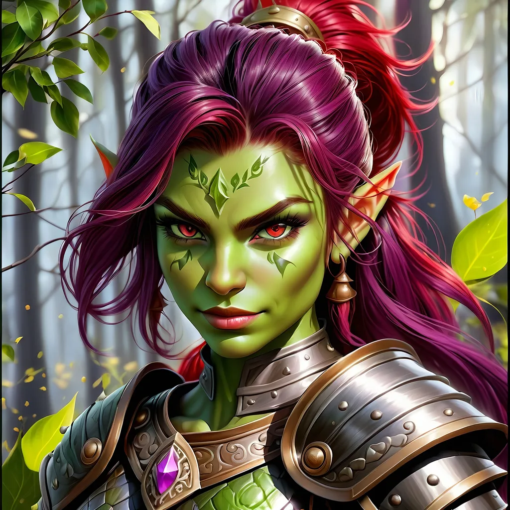 Prompt: Full Body, oil painting, D&D fantasy, very cute, 28 years old orc female ((green-skinned-orc girl)) Warrior, green-skinned-female, ((beautiful detailed face and large glowing red eyes)), rosy cheeks and nose, deep long purple hair, Wry grin, small pointed ears, ((large tusks)), looking at the viewer, intricate detailed shapely ((black plate armor)), intricate hyper detailed hair, intricate hyper detailed eyelashes, intricate hyper detailed shining pupils #3238, UHD, hd , 8k eyes, detailed face, big anime dreamy eyes, 8k eyes, intricate details, insanely detailed, masterpiece, cinematic lighting, 8k, complementary colors, golden ratio, octane render, volumetric lighting, unreal 5, artwork, concept art, cover, top model, light on hair colorful glamourous hyperdetailed tavern, intricate hyperdetailed tavern background, ultra-fine details, hyper-focused, deep colors, dramatic lighting, ambient lighting god rays, | by sakimi chan, artgerm, wlop, pixiv, tumblr, instagram, deviantart