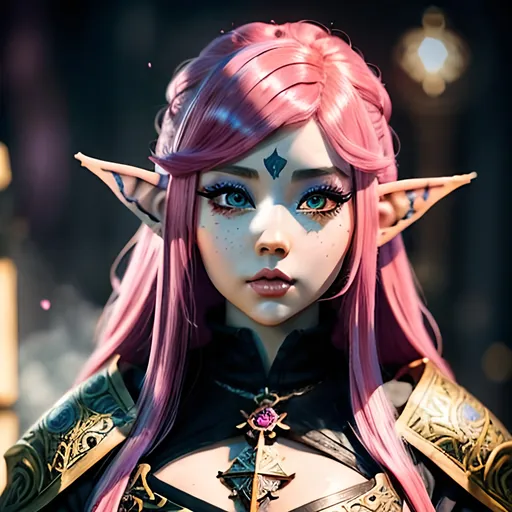 Prompt: masterpiece, splash art, ink painting, beautiful cute D&D fantasy, (23 years old) gnome girl cleric, ((beautiful detailed face and large eyes)), bright pink hair, looking at the viewer, wearing cleric outfit, intricate hyper detailed hair, intricate hyper detailed eyelashes, intricate hyper detailed shining pupils #3238, UHD, hd , 8k eyes, detailed face, big anime dreamy eyes, 8k eyes, intricate details, insanely detailed, masterpiece, cinematic lighting, 8k, complementary colors, golden ratio, octane render, volumetric lighting, unreal 5, artwork, concept art, cover, top model, light on hair colorful glamourous hyperdetailed, intricate hyperdetailed breathtaking colorful glamorous scenic view landscape, ultra-fine details, hyper-focused, deep colors, ambient lighting god rays | by sakimi chan, artgerm, wlop, pixiv, tumblr, instagram, deviantart