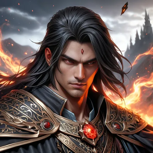 Prompt: Full Body visible, Side Profile, fantasy, tanned-skinned-human ((Male)), tanned-skinned-Undead male, ((handsome detailed face and Dead Glowing Red eyes)) Wizard, Young rugged face, long bright Black hair, and with vibrant Brown eyes with a very stern and serious face looking at the viewer, wearing adventurer's intricate Wizard Robes standing casting a powerful spell on a battlefield surrounded by the dead, intricate hyper detailed hair, intricate hyper detailed eyelashes, intricate hyper detailed shining pupils #3238, UHD, hd , 8k eyes, detailed face, big anime dreamy eyes, 8k eyes, intricate details, insanely detailed, masterpiece, cinematic lighting, 8k, complementary colours, golden ratio, octane render, volumetric lighting, unreal 5, artwork, concept art, cover, top model, light on hair colourful glamorous hyper detailed, intricate hyper detailed breathtaking colourful glamorous battlefield surrounded by the dead, ultra-fine details, hyper-focused, deep colours, dramatic lighting, ambient lighting god rays,