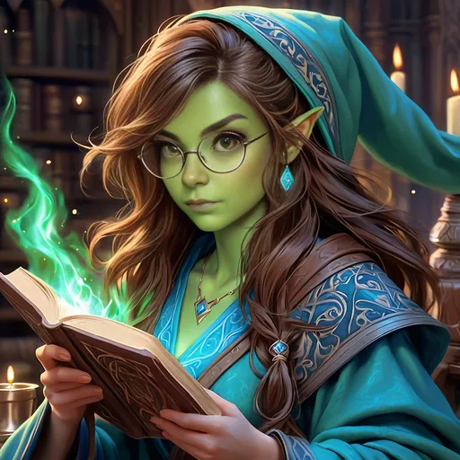 Prompt: Full Body, oil painting, D&D fantasy, very cute, 22 years old half-orc female ((green-skinned-half orc girl)) Wizard, green-skinned-female, ((beautiful detailed face and large glowing brown eyes)), Glasses, rosy cheeks, long rich brown hair, small short pointed ears, ((large tusks)), Determined and concentrating while reading a spell book, intricate detailed shapely ((Blue Wizard robes)), intricate hyper detailed hair, intricate hyper detailed eyelashes, intricate hyper detailed shining pupils #3238, UHD, hd , 8k eyes, detailed face, big anime dreamy eyes, 8k eyes, intricate details, insanely detailed, masterpiece, cinematic lighting, 8k, complementary colors, golden ratio, octane render, volumetric lighting, unreal 5, artwork, concept art, cover, top model, light on hair colorful glamourous hyperdetailed  inside a Wizard tower background, intricate hyperdetailed inside of a Wizard tower background, ultra-fine details, hyper-focused, deep colors, dramatic lighting, ambient lighting god rays, | by sakimi chan, artgerm, wlop, pixiv, tumblr, instagram, deviantart