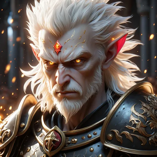 Prompt: Full body visible, oil painting, D&D fantasy, older undead looking pale-skinned-gnome man, pale-skinned-gnome male, short, ((handsome detailed face and eyes)), short bright white hair, cropped hair, ready for battle, pointed ears, looking at the viewer, warrior wearing intricate black devil themed armor, intricate hyper detailed hair, intricate hyper detailed eyelashes, intricate hyper detailed shining pupils #3238, UHD, hd , 8k eyes, detailed face, big anime dreamy eyes, 8k eyes, intricate details, insanely detailed, masterpiece, cinematic lighting, 8k, complementary colors, golden ratio, octane render, volumetric lighting, unreal 5, artwork, concept art, cover, top model, light on hair colorful glamourous hyperdetailed medieval city background, intricate hyperdetailed breathtaking bloodied war torn view landscape, ultra-fine details, hyper-focused, deep colors, dramatic lighting, ambient lighting god rays | by sakimi chan, artgerm, wlop, pixiv, tumblr, instagram, deviantart