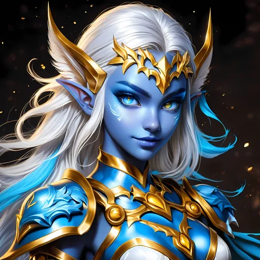 Prompt: Full body visible, oil painting, D&D Fantasy, young 20 years old Elf girl, ((Fully blue-skinned-female, blue-skinned-female, Blue elf ears)), ((beautiful detailed face and glowing gold anime eyes)), short Brilliant vibrant White hair, predatory grin, looking at the viewer, Brown leather armour with a bow, intricate hyper detailed hair, intricate hyper detailed eyelashes, intricate hyper detailed shining pupils, #3238, UHD, hd , 8k eyes, detailed face, big anime dreamy eyes, 8k eyes, intricate details, insanely detailed, masterpiece, cinematic lighting, 8k, complementary colors, golden ratio, octane render, volumetric lighting, unreal 5, artwork, concept art, cover, top model, light on hair colorful glamourous hyperdetailed cave background, intricate hyperdetailed cave background, ultra-fine details, hyper-focused, deep colors, dramatic lighting, ambient lighting | by sakimi chan, artgerm, wlop, pixiv, tumblr, instagram, deviantart