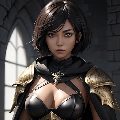 Prompt: masterpiece, splash art, ink painting, beautiful pop idol, D&D fantasy, (25 years old) lightly tanned-skinned human girl, ((beautiful detailed face and large eyes)), determined expression, short hazel cut hair, serious expression looking at the viewer, wearing detailed splint armor and a dark cloak in a dungeon #3238, UHD, hd , 8k eyes, detailed face, big anime dreamy eyes, 8k eyes, intricate details, insanely detailed, masterpiece, cinematic lighting, 8k, complementary colors, golden ratio, octane render, volumetric lighting, unreal 5, artwork, concept art, cover, top model, light on hair colorful glamourous hyperdetailed medieval city background, intricate hyperdetailed breathtaking colorful glamorous scenic view landscape, ultra-fine details, hyper-focused, deep colors, dramatic lighting, ambient lighting god rays, flowers, garden | by sakimi chan, artgerm, wlop, pixiv, tumblr, instagram, deviantart