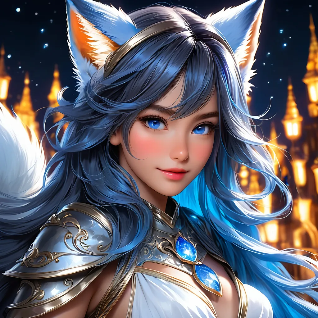 Prompt: full body, oil painting, fantasy, ((anthropomorphic furry fox girl)), tanned-furred-female, ((beautiful detailed face and glowing anime blue eyes)) dark hair, straight hair, fox ears, rosy cheeks, smiling, looking at the viewer| Elemental star wizard wearing intricate glowing blue and white dress casting a spell, #3238, UHD, hd , 8k eyes, detailed face, big anime dreamy eyes, 8k eyes, intricate details, insanely detailed, masterpiece, cinematic lighting, 8k, complementary colors, golden ratio, octane render, volumetric lighting, unreal 5, artwork, concept art, cover, top model, light on hair colorful glamourous hyperdetailed medieval city background, intricate hyperdetailed breathtaking colorful glamorous scenic view landscape, ultra-fine details, hyper-focused, deep colors, dramatic lighting, ambient lighting god rays | by sakimi chan, artgerm, wlop, pixiv, tumblr, instagram, deviantart