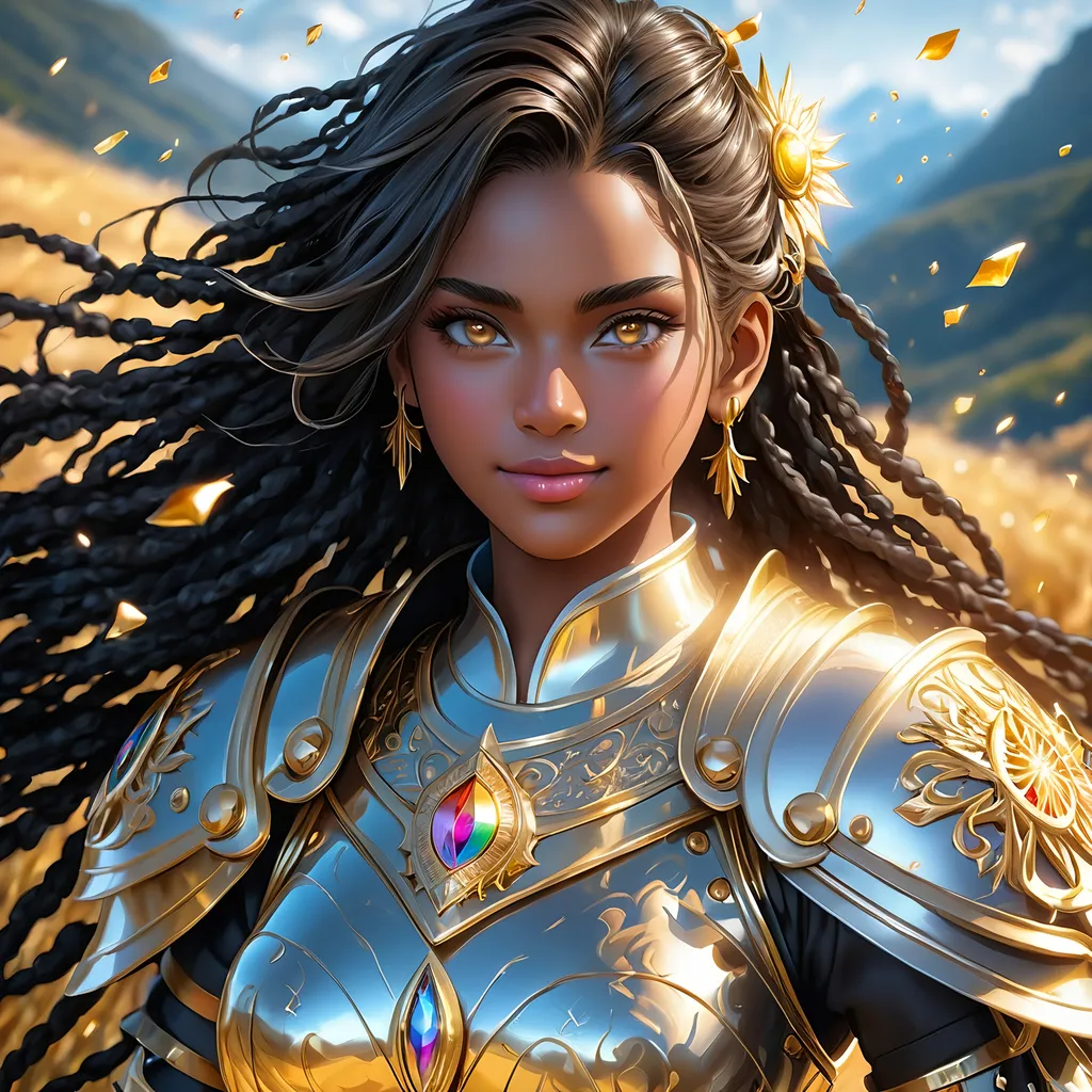 Prompt: Full body, oil painting, young 22 years old Human girl, black-skinned-female, Holy warrior ((beautiful detailed face and glowing anime eyes)), dreadlocks black hair, rosy cheeks, smiling, looking at the viewer| shinning silver plate mail holding magical longsword and shield, intricate hyper detailed hair, intricate hyper detailed eyelashes, intricate hyper detailed shining pupils, #3238, UHD, hd , 8k eyes, detailed face, big anime dreamy eyes, 8k eyes, intricate details, insanely detailed, masterpiece, cinematic lighting, 8k, complementary colors, golden ratio, octane render, volumetric lighting, unreal 5, artwork, concept art, cover, top model, light on hair colorful glamourous hyperdetailed battlefield background, intricate hyperdetailed breathtaking colorful glamorous scenic view landscape, ultra-fine details, hyper-focused, deep colors, dramatic lighting, ambient lighting god rays | by sakimi chan, artgerm, wlop, pixiv, tumblr, instagram, deviantart