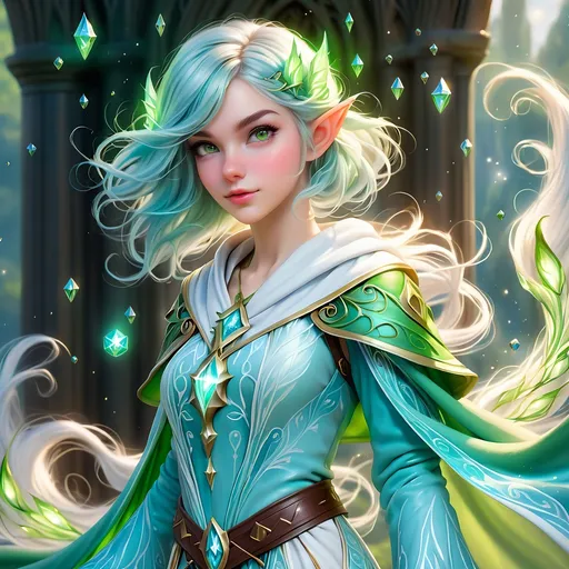 Prompt: Full Body, oil painting, D&D fantasy, very cute, young 28 years old elf female ((fair-skinned-elf girl)) wizard, fair-skinned-female, slender, ((beautiful detailed face and large glowing green eyes)), rosy cheeks, bright light blue hair in a pixie cut, determined look, pointed ears, looking at the viewer, intricate detailed shapely light blue and white flowing wizard robes, intricate hyper detailed hair, intricate hyper detailed eyelashes, intricate hyper detailed shining pupils #3238, UHD, hd , 8k eyes, detailed face, big anime dreamy eyes, 8k eyes, intricate details, insanely detailed, masterpiece, cinematic lighting, 8k, complementary colors, golden ratio, octane render, volumetric lighting, unreal 5, artwork, concept art, cover, top model, light on hair colorful glamourous hyperdetailed wizard's study background, intricate hyperdetailed breathtaking wizard's study background, ultra-fine details, hyper-focused, deep colors, dramatic lighting, ambient lighting god rays, | by sakimi chan, artgerm, wlop, pixiv, tumblr, instagram, deviantart