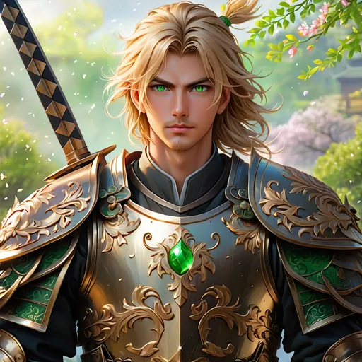 Prompt: oil painting, fantasy, a young human man with very short cropped Dirty blonde hair tied back and short neatly trimmed Dirty blonde beard with vibrant green eyes, ((handsome detailed face and eyes)), Warrior wearing Japanese armor wielding a large Spear with both hands, intricate hyper detailed hair, intricate hyper detailed eyelashes, intricate hyper detailed shining pupils #3238, UHD, hd , 8k eyes, detailed face, big anime dreamy eyes, 8k eyes, intricate details, insanely detailed, masterpiece, cinematic lighting, 8k, complementary colors, golden ratio, octane render, volumetric lighting, unreal 5, artwork, concept art, cover, top model, light on hair colorful glamourous hyperdetailed medieval city background, intricate hyperdetailed breathtaking colorful glamorous scenic view landscape, ultra-fine details, hyper-focused, deep colors, dramatic lighting, ambient lighting god rays, flowers, garden | by sakimi chan, artgerm, wlop, pixiv, tumblr, instagram, deviantart