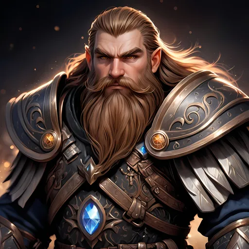 Prompt: Full body visible, oil painting, D&D fantasy, older years old ((Male)) dwarf, ((dwarf build, rugged older detailed face and hazel eyes)), ((Short, stocky, slightly chubby, broad shoulders)), long straight light brown hair, long brown Dwarven beard, short pointed ears, determined look, looking at the viewer, intricate detailed black magical armor, intricate hyper detailed hair, intricate hyper detailed eyelashes, intricate hyper detailed shining pupils, #3238, UHD, hd , 8k eyes, detailed face, big anime dreamy eyes, 8k eyes, intricate details, insanely detailed, masterpiece, cinematic lighting, 8k, complementary colors, golden ratio, octane render, volumetric lighting, unreal 5, artwork, concept art, cover, top model, light on hair colorful glamourous hyperdetailed plains battlefield background, intricate hyperdetailed plains battlefield background, ultra-fine details, hyper-focused, deep colors, dramatic lighting, ambient lighting | by sakimi chan, artgerm, wlop, pixiv, tumblr, instagram, deviantart