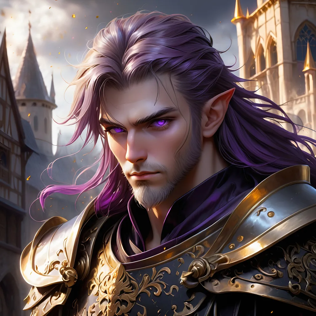 Prompt: Full body visible, oil painting, D&D fantasy, older rugged dignified looking pale-skinned-gnome man, pale-skinned-gnome male, short, clean shaven, ((handsome detailed face and golden eyes)), ((short rich purple hair, cropped hair)), ready for battle, pointed ears, looking at the viewer, ((warrior wearing intricate dark black devil themed armor)), intricate hyper detailed hair, intricate hyper detailed eyelashes, intricate hyper detailed shining pupils #3238, UHD, hd , 8k eyes, detailed face, big anime dreamy eyes, 8k eyes, intricate details, insanely detailed, masterpiece, cinematic lighting, 8k, complementary colors, golden ratio, octane render, volumetric lighting, unreal 5, artwork, concept art, cover, top model, light on hair colorful glamourous hyperdetailed medieval city background, intricate hyperdetailed breathtaking bloodied war torn view landscape, ultra-fine details, hyper-focused, deep colors, dramatic lighting, ambient lighting god rays | by sakimi chan, artgerm, wlop, pixiv, tumblr, instagram, deviantart