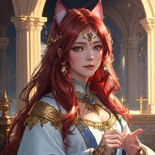 Prompt: oil painting, fantasy, Human girl, tanned-skinned-female, beautiful, red hair, straight hair, cat ears, rosy cheeks, smiling, looking at the viewer| Elemental star cleric wearing intricate glowing blue and white holy robes casting a healing spell, #3238, UHD, hd , 8k eyes, detailed face, big anime dreamy eyes, 8k eyes, intricate details, insanely detailed, masterpiece, cinematic lighting, 8k, complementary colors, golden ratio, octane render, volumetric lighting, unreal 5, artwork, concept art, cover, top model, light on hair colorful glamourous hyperdetailed medieval city background, intricate hyperdetailed breathtaking colorful glamorous scenic view landscape, ultra-fine details, hyper-focused, deep colors, dramatic lighting, ambient lighting god rays, flowers, garden | by sakimi chan, artgerm, wlop, pixiv, tumblr, instagram, deviantart