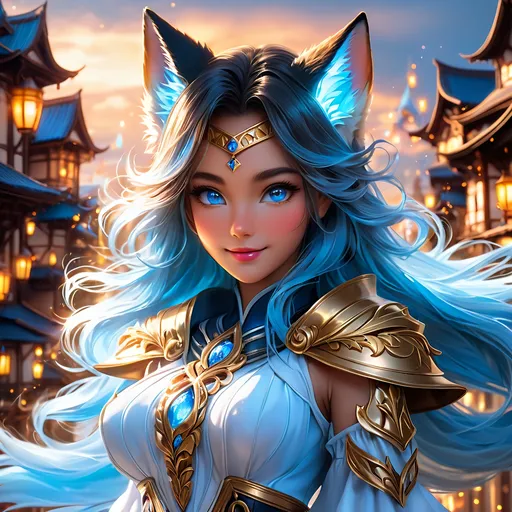 Prompt: full body, oil painting, fantasy, ((anthropomorphic furry fox girl)), tanned-furred-female, ((beautiful detailed face and glowing anime blue eyes)) dark hair, straight hair, fox ears, rosy cheeks, smiling, looking at the viewer| Elemental star wizard wearing intricate glowing blue and white dress casting a spell, #3238, UHD, hd , 8k eyes, detailed face, big anime dreamy eyes, 8k eyes, intricate details, insanely detailed, masterpiece, cinematic lighting, 8k, complementary colors, golden ratio, octane render, volumetric lighting, unreal 5, artwork, concept art, cover, top model, light on hair colorful glamourous hyperdetailed medieval city background, intricate hyperdetailed breathtaking colorful glamorous scenic view landscape, ultra-fine details, hyper-focused, deep colors, dramatic lighting, ambient lighting god rays | by sakimi chan, artgerm, wlop, pixiv, tumblr, instagram, deviantart