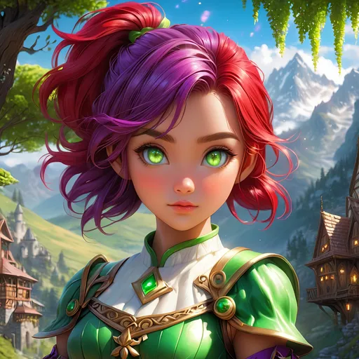 Prompt: Full body, oil painting, D&D fantasy, tanned-skinned-gnome girl, tanned-skinned-female, ((tiny short petite chibi body)), ((beautiful detailed face and glowing anime green eyes)), very cute, determined look, short bright purple hair, ponytail, pointed ears, looking at the viewer, Ranger wearing intricate red and green adventurer's leather, intricate hyper detailed hair, intricate hyper detailed eyelashes, intricate hyper detailed shining pupils #3238, UHD, hd , 8k eyes, detailed face, big anime dreamy eyes, 8k eyes, intricate details, insanely detailed, masterpiece, cinematic lighting, 8k, complementary colors, golden ratio, octane render, volumetric lighting, unreal 5, artwork, concept art, cover, top model, light on hair colorful glamourous hyperdetailed medieval tavern background, intricate hyperdetailed breathtaking colorful glamorous scenic view landscape, ultra-fine details, hyper-focused, deep colors, dramatic lighting, ambient lighting god rays | by sakimi chan, artgerm, wlop, pixiv, tumblr, instagram, deviantart