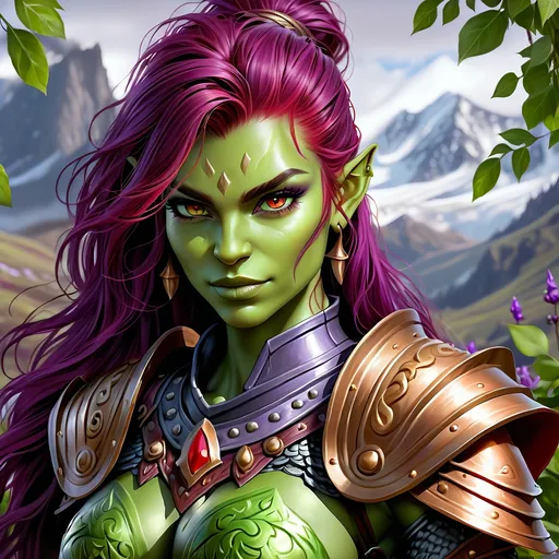 Prompt: Full Body, oil painting, D&D fantasy, very cute, 28 years old orc female ((green-skinned-orc girl)) Warrior, green-skinned-female, ((beautiful detailed face and large glowing red eyes)), rosy cheeks and nose, deep long purple hair, Wry grin, small pointed ears, ((large tusks)), looking at the viewer, intricate detailed shapely ((black plate armor)), intricate hyper detailed hair, intricate hyper detailed eyelashes, intricate hyper detailed shining pupils #3238, UHD, hd , 8k eyes, detailed face, big anime dreamy eyes, 8k eyes, intricate details, insanely detailed, masterpiece, cinematic lighting, 8k, complementary colors, golden ratio, octane render, volumetric lighting, unreal 5, artwork, concept art, cover, top model, light on hair colorful glamourous hyperdetailed tavern, intricate hyperdetailed tavern background, ultra-fine details, hyper-focused, deep colors, dramatic lighting, ambient lighting god rays, | by sakimi chan, artgerm, wlop, pixiv, tumblr, instagram, deviantart