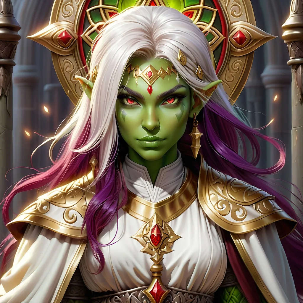 Prompt: Full Body, oil painting, D&D fantasy, very cute, 28 years old orc female ((green-skinned-orc girl)) Cleric, green-skinned-female, ((beautiful detailed face and large glowing red eyes)), Pious, rosy cheeks and nose,  long rich purple hair, praying, small pointed ears, ((large tusks)), praying, intricate detailed shapely ((white and gold priest robes)), intricate hyper detailed hair, intricate hyper detailed eyelashes, intricate hyper detailed shining pupils #3238, UHD, hd , 8k eyes, detailed face, big anime dreamy eyes, 8k eyes, intricate details, insanely detailed, masterpiece, cinematic lighting, 8k, complementary colors, golden ratio, octane render, volumetric lighting, unreal 5, artwork, concept art, cover, top model, light on hair colorful glamourous hyperdetailed temple background, intricate hyperdetailed temple background, ultra-fine details, hyper-focused, deep colors, dramatic lighting, ambient lighting god rays, | by sakimi chan, artgerm, wlop, pixiv, tumblr, instagram, deviantart