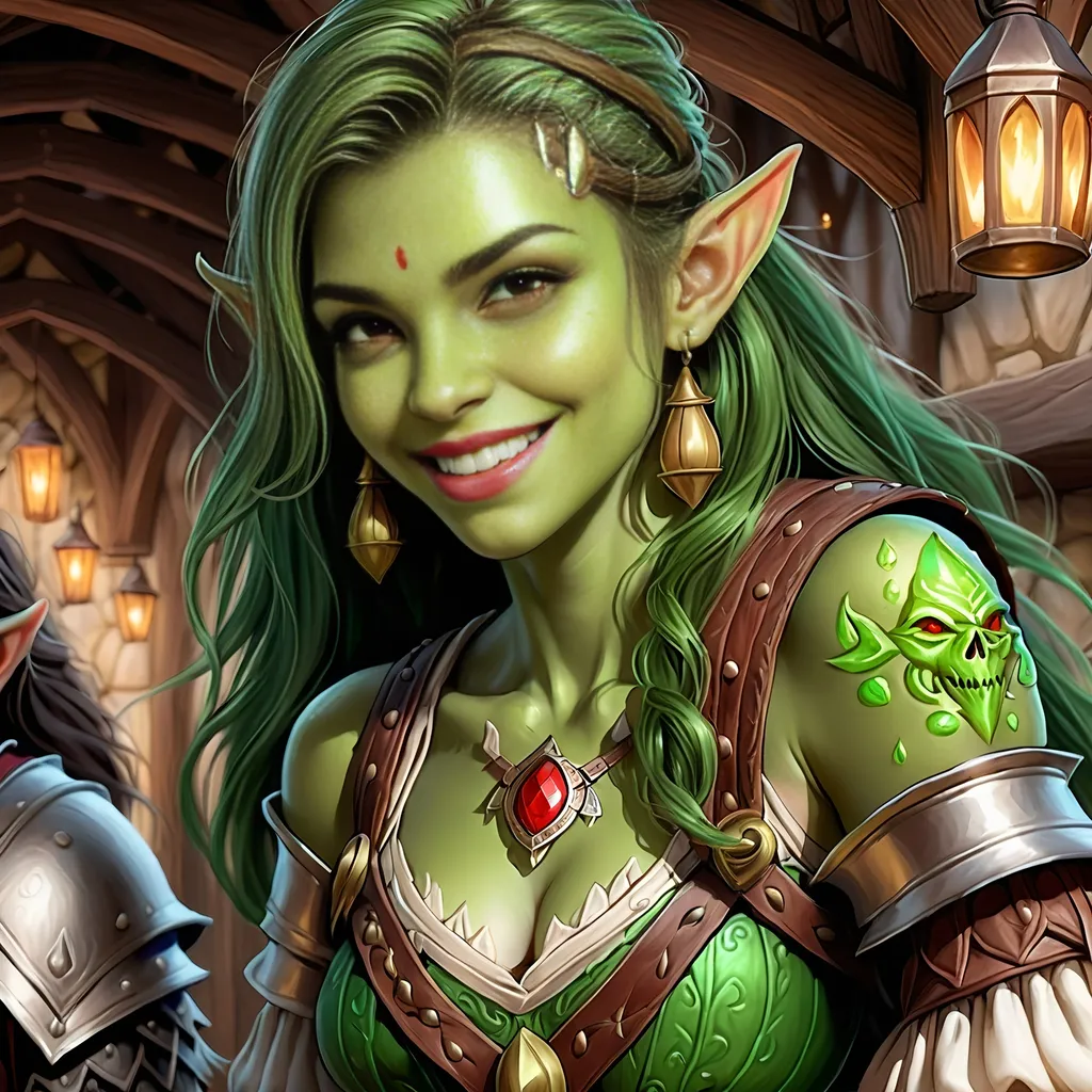 Prompt: Full Body, oil painting, D&D fantasy, very cute, 22 years old orc female ((green-skinned-orc girl)) Bard, green-skinned-female, ((beautiful detailed face and large glowing red eyes)), Pious, rosy cheeks and nose,  long rich dark hair, small pointed ears, ((large tusks)), Happy laughing and singing in a medieval tavern, intricate detailed shapely ((leather bard clothes)), intricate hyper detailed hair, intricate hyper detailed eyelashes, intricate hyper detailed shining pupils #3238, UHD, hd , 8k eyes, detailed face, big anime dreamy eyes, 8k eyes, intricate details, insanely detailed, masterpiece, cinematic lighting, 8k, complementary colors, golden ratio, octane render, volumetric lighting, unreal 5, artwork, concept art, cover, top model, light on hair colorful glamourous hyperdetailed  inside of a Tavern background, intricate hyperdetailed inside of a Tavern background, ultra-fine details, hyper-focused, deep colors, dramatic lighting, ambient lighting god rays, | by sakimi chan, artgerm, wlop, pixiv, tumblr, instagram, deviantart