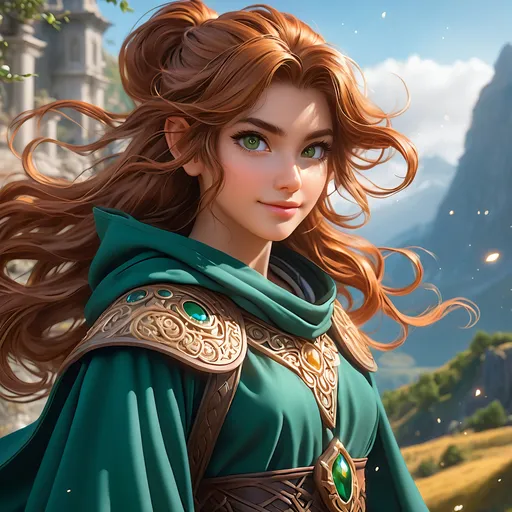 Prompt: oil painting, D&D fantasy, (23 years old) lightly tanned-skinned hobbit girl, (tiny petite body), ((beautiful detailed face and large brown anime eyes)), mischievous grin, long ponytail bright auburn with highlights hair, short small pointed ears, mischievous grin looking at the viewer, cleric wearing chain mail with a dark green cloak and casting a holy elemental spell, intricate hyper detailed hair, intricate hyper detailed eyelashes, intricate hyper detailed shining pupils #3238, UHD, hd , 8k eyes, detailed face, big anime dreamy eyes, 8k eyes, intricate details, insanely detailed, masterpiece, cinematic lighting, 8k, complementary colors, golden ratio, octane render, volumetric lighting, unreal 5, artwork, concept art, cover, top model, light on hair colorful glamourous hyperdetailed Temple background, intricate hyperdetailed breathtaking colorful glamorous scenic view landscape, ultra-fine details, hyper-focused, deep colors, dramatic lighting, ambient lighting god rays | by sakimi chan, artgerm, wlop, pixiv, tumblr, instagram, deviantart