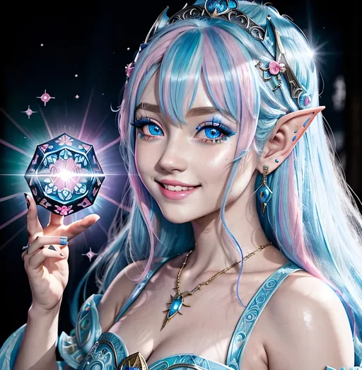 Prompt: masterpiece, splash art, ink painting, beautiful cute pop idol, D&D fantasy, (23 years old) hobbit girl, ((beautiful detailed face and large eyes)), mischievous grin, light blue with bright pink highlights hair, short small pointed ears, smiling looking at the viewer, wearing intricate detailed light blue princess dress and casting a light spell, intricate hyper detailed hair, intricate hyper detailed eyelashes, intricate hyper detailed shining pupils #3238, UHD, hd , 8k eyes, detailed face, big anime dreamy eyes, 8k eyes, intricate details, insanely detailed, masterpiece, cinematic lighting, 8k, complementary colors, golden ratio, octane render, volumetric lighting, unreal 5, artwork, concept art, cover, top model, light on hair colorful glamourous hyperdetailed, intricate hyperdetailed breathtaking colorful glamorous scenic view landscape, ultra-fine details, hyper-focused, deep colors, dramatic lighting, ambient lighting god rays | by sakimi chan, artgerm, wlop, pixiv, tumblr, instagram, deviantart