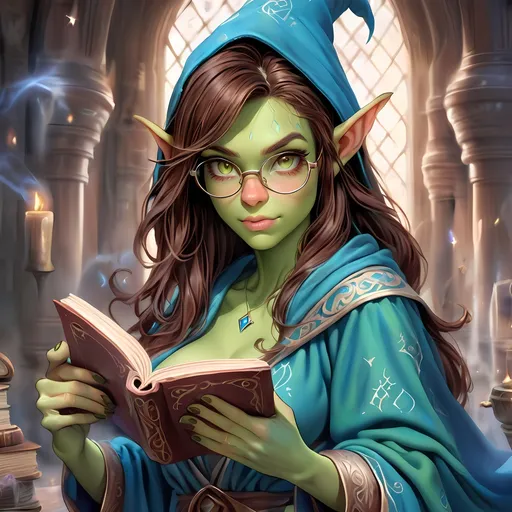 Prompt: Full Body, oil painting, D&D fantasy, very cute, 22 years old half-orc female ((green-skinned-half orc girl)) Wizard, green-skinned-female, ((beautiful detailed face and large glowing brown eyes)), Glasses, rosy cheeks, long rich brown hair, small short pointed ears, ((large tusks)), Determined and concentrating while reading a spell book, intricate detailed shapely ((Blue Wizard robes)), intricate hyper detailed hair, intricate hyper detailed eyelashes, intricate hyper detailed shining pupils #3238, UHD, hd , 8k eyes, detailed face, big anime dreamy eyes, 8k eyes, intricate details, insanely detailed, masterpiece, cinematic lighting, 8k, complementary colors, golden ratio, octane render, volumetric lighting, unreal 5, artwork, concept art, cover, top model, light on hair colorful glamourous hyperdetailed  inside a Wizard tower background, intricate hyperdetailed inside of a Wizard tower background, ultra-fine details, hyper-focused, deep colors, dramatic lighting, ambient lighting god rays, | by sakimi chan, artgerm, wlop, pixiv, tumblr, instagram, deviantart