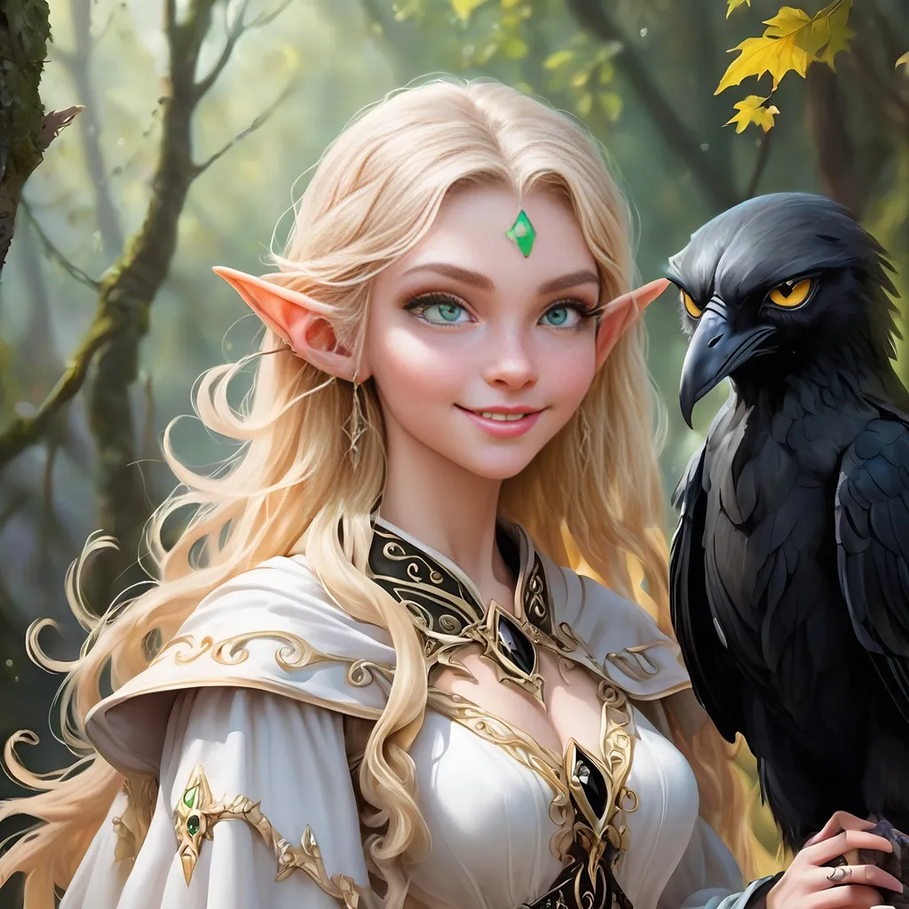 Prompt: Full Body, oil painting, D&D fantasy, very cute, 16 years old half-female ((light-skinned-elf girl)) Witch, light-skinned-female, ((beautiful detailed face and large glowing black eyes)), long rich blonde hair, long elven ears, ((large tusks)), Smiling but Determined while speaking to her raven familiar, intricate detailed shapely ((Bright White Witches robes)), intricate hyper detailed hair, intricate hyper detailed eyelashes, intricate hyper detailed shining pupils #3238, UHD, hd , 8k eyes, detailed face, big anime dreamy eyes, 8k eyes, intricate details, insanely detailed, masterpiece, cinematic lighting, 8k, complementary colors, golden ratio, octane render, volumetric lighting, unreal 5, artwork, concept art, cover, top model, light on hair colorful glamourous hyperdetailed  inside a Wizard tower background, intricate hyperdetailed inside of a Wizard tower background, ultra-fine details, hyper-focused, deep colors, dramatic lighting, ambient lighting god rays, | by sakimi chan, artgerm, wlop, pixiv, tumblr, instagram, deviantart