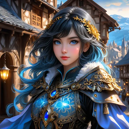 Prompt: Full body visible, oil painting, young 20 years old girl, blue-skinned-female, fair skinned beauty, ((beautiful detailed face and anime eyes)), short dark black hair, grinning and pondering the universe, looking into the distance, intricate detailed wizard outfit, intricate hyper detailed hair, intricate hyper detailed eyelashes, intricate hyper detailed shining pupils, #3238, UHD, hd , 8k eyes, detailed face, big anime dreamy eyes, 8k eyes, intricate details, insanely detailed, masterpiece, cinematic lighting, 8k, complementary colors, golden ratio, octane render, volumetric lighting, unreal 5, artwork, concept art, cover, top model, light on hair colorful glamourous hyperdetailed medieval town background, intricate hyperdetailed medieval town background, ultra-fine details, hyper-focused, deep colors, dramatic lighting, ambient lighting | by sakimi chan, artgerm, wlop, pixiv, tumblr, instagram, deviantart