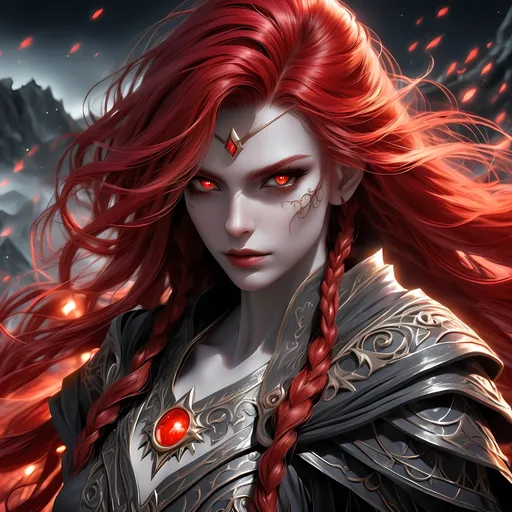 Prompt: Full Body visible, Side Profile, fantasy, Grey-skinned-human ((Female)), Grey-skinned-Undead female, ((beautiful detailed face and Dead Glowing Red eyes)) Wizard, Young beautiful face, long bright brilliant Red hair, and with vibrant Brown eyes with a very stern and serious face looking at the viewer, wearing adventurer's intricate Wizard Robes standing casting a powerful Necromancy spell while leading an army of the dead behind him intricate hyper detailed hair, intricate hyper detailed eyelashes, intricate hyper detailed shining pupils #3238, UHD, hd , 8k eyes, detailed face, big anime dreamy eyes, 8k eyes, intricate details, insanely detailed, masterpiece, cinematic lighting, 8k, complementary colours, golden ratio, octane render, volumetric lighting, unreal 5, artwork, concept art, cover, top model, light on hair colourful glamorous hyper detailed, intricate hyper detailed breathtaking colourful leading an army of the dead, ultra-fine details, hyper-focused, deep colours, dramatic lighting, ambient lighting god rays,