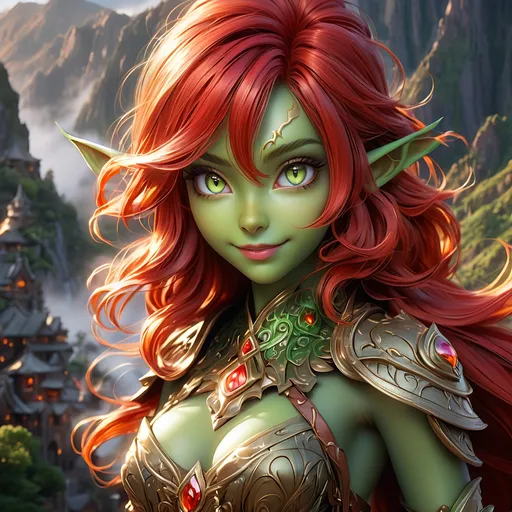 Prompt: ink painting, D&D fantasy, cute young ((green-skinned-goblin girl)), green-skinned-female, short petite body slender, beautiful, ((beautiful detailed face and large anime eyes)) long wavy fiery red hair, smiling, pointed ears, looking at the viewer, cleric wearing intricate adventurer outfit, intricate hyper detailed hair, intricate hyper detailed eyelashes, intricate hyper detailed shining pupils #3238, UHD, hd , 8k eyes, detailed face, big anime dreamy eyes, 8k eyes, intricate details, insanely detailed, masterpiece, cinematic lighting, 8k, complementary colors, golden ratio, octane render, volumetric lighting, unreal 5, artwork, concept art, cover, top model, light on hair colorful glamourous hyperdetailed, intricate hyperdetailed breathtaking colorful glamorous scenic view landscape, ultra-fine details, hyper-focused, deep colors, dramatic lighting, ambient lighting god rays, | by sakimi chan, artgerm, wlop, pixiv, tumblr, instagram, deviantart