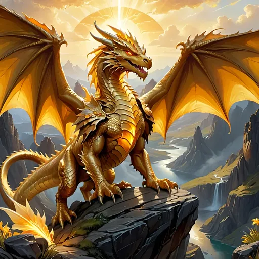 Prompt: Oil painting, D&D fantasy,  Huge Giant Powerful ancient, and Wise radiant golden scaled Dragon, ((Fantasy style)) Dragon on a cliff overlooking a peaceful valley spreading its wings, Dragon Body, Intricate very wise glowing yellow iris eyes, intricate details, insanely detailed, masterpiece, cinematic lighting, 8k, complementary colors, octane render, volumetric lighting, unreal 5, artwork, concept art, ultra-fine details, hyper-focused, deep colors, dramatic lighting, ambient lighting god rays,