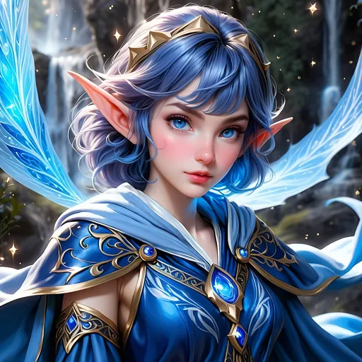 Prompt: Full Body, oil painting, D&D fantasy, very cute, 28 years old elf female ((fair-skinned-elf girl)) wizard, fair-skinned-female, slender, ((beautiful detailed face and large glowing blue eyes)), rosy cheeks, deep sapphire blue hair in a pixie cut, determined look, pointed ears, looking at the viewer, intricate detailed shapely blue and white flowing wizard robes, intricate hyper detailed hair, intricate hyper detailed eyelashes, intricate hyper detailed shining pupils #3238, UHD, hd , 8k eyes, detailed face, big anime dreamy eyes, 8k eyes, intricate details, insanely detailed, masterpiece, cinematic lighting, 8k, complementary colors, golden ratio, octane render, volumetric lighting, unreal 5, artwork, concept art, cover, top model, light on hair colorful glamourous hyperdetailed wizard's study background, intricate hyperdetailed breathtaking wizard's study background, ultra-fine details, hyper-focused, deep colors, dramatic lighting, ambient lighting god rays, | by sakimi chan, artgerm, wlop, pixiv, tumblr, instagram, deviantart