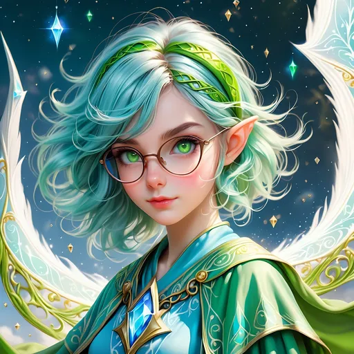 Prompt: Full Body, oil painting, D&D fantasy, very cute, young 28 years old elf female ((fair-skinned-elf girl)) wizard, fair-skinned-female, slender, ((beautiful detailed face and large glowing green eyes)), rosy cheeks, glasses, bright bright blue hair in a pixie cut, determined look, pointed ears, looking at the viewer, intricate detailed shapely light blue and white flowing wizard robes, intricate hyper detailed hair, intricate hyper detailed eyelashes, intricate hyper detailed shining pupils #3238, UHD, hd , 8k eyes, detailed face, big anime dreamy eyes, 8k eyes, intricate details, insanely detailed, masterpiece, cinematic lighting, 8k, complementary colors, golden ratio, octane render, volumetric lighting, unreal 5, artwork, concept art, cover, top model, light on hair colorful glamourous hyperdetailed wizard's study background, intricate hyperdetailed breathtaking wizard's study background, ultra-fine details, hyper-focused, deep colors, dramatic lighting, ambient lighting god rays, | by sakimi chan, artgerm, wlop, pixiv, tumblr, instagram, deviantart