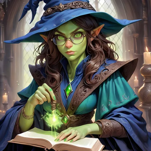 Prompt: Full Body, oil painting, D&D fantasy, very cute, 22 years old half-orc female ((green-skinned-half orc girl)) Wizard, green-skinned-female, ((beautiful detailed face and large glowing brown eyes)), Glasses, long rich brown hair, small short pointed ears, ((large tusks)), Determined and concentrating while reading a spell book, intricate detailed shapely ((Dark Blue Wizard robes and a black witches hat)), intricate hyper detailed hair, intricate hyper detailed eyelashes, intricate hyper detailed shining pupils #3238, UHD, hd , 8k eyes, detailed face, big anime dreamy eyes, 8k eyes, intricate details, insanely detailed, masterpiece, cinematic lighting, 8k, complementary colors, golden ratio, octane render, volumetric lighting, unreal 5, artwork, concept art, cover, top model, light on hair colorful glamourous hyperdetailed  inside a Wizard tower background, intricate hyperdetailed inside of a Wizard tower background, ultra-fine details, hyper-focused, deep colors, dramatic lighting, ambient lighting god rays, | by sakimi chan, artgerm, wlop, pixiv, tumblr, instagram, deviantart