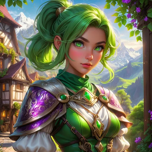 Prompt: Full body, oil painting, D&D fantasy, tanned-skinned-gnome girl, tanned-skinned-female, ((tiny short petite body)), ((beautiful detailed face and glowing anime green eyes)), very cute, determined look, short bright purple hair, ponytail, pointed ears, looking at the viewer, Ranger wearing intricate red and green adventurer's leather, intricate hyper detailed hair, intricate hyper detailed eyelashes, intricate hyper detailed shining pupils #3238, UHD, hd , 8k eyes, detailed face, big anime dreamy eyes, 8k eyes, intricate details, insanely detailed, masterpiece, cinematic lighting, 8k, complementary colors, golden ratio, octane render, volumetric lighting, unreal 5, artwork, concept art, cover, top model, light on hair colorful glamourous hyperdetailed medieval tavern background, intricate hyperdetailed breathtaking colorful glamorous scenic view landscape, ultra-fine details, hyper-focused, deep colors, dramatic lighting, ambient lighting god rays | by sakimi chan, artgerm, wlop, pixiv, tumblr, instagram, deviantart